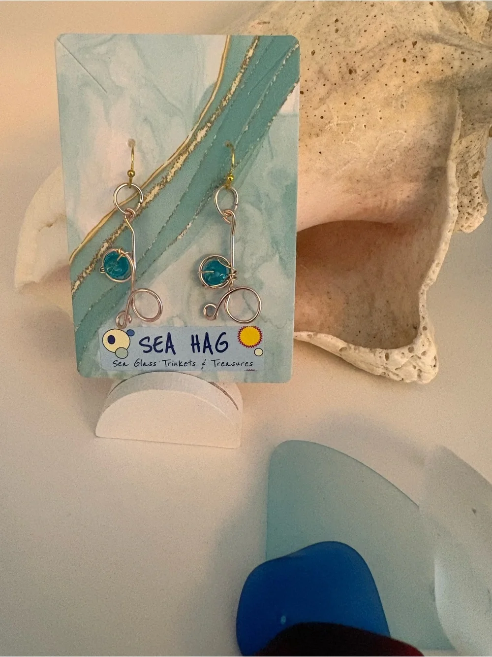 Sea Hag Wire Wrapped Sea Glass Earrings - Turquoise & Rose Gold
